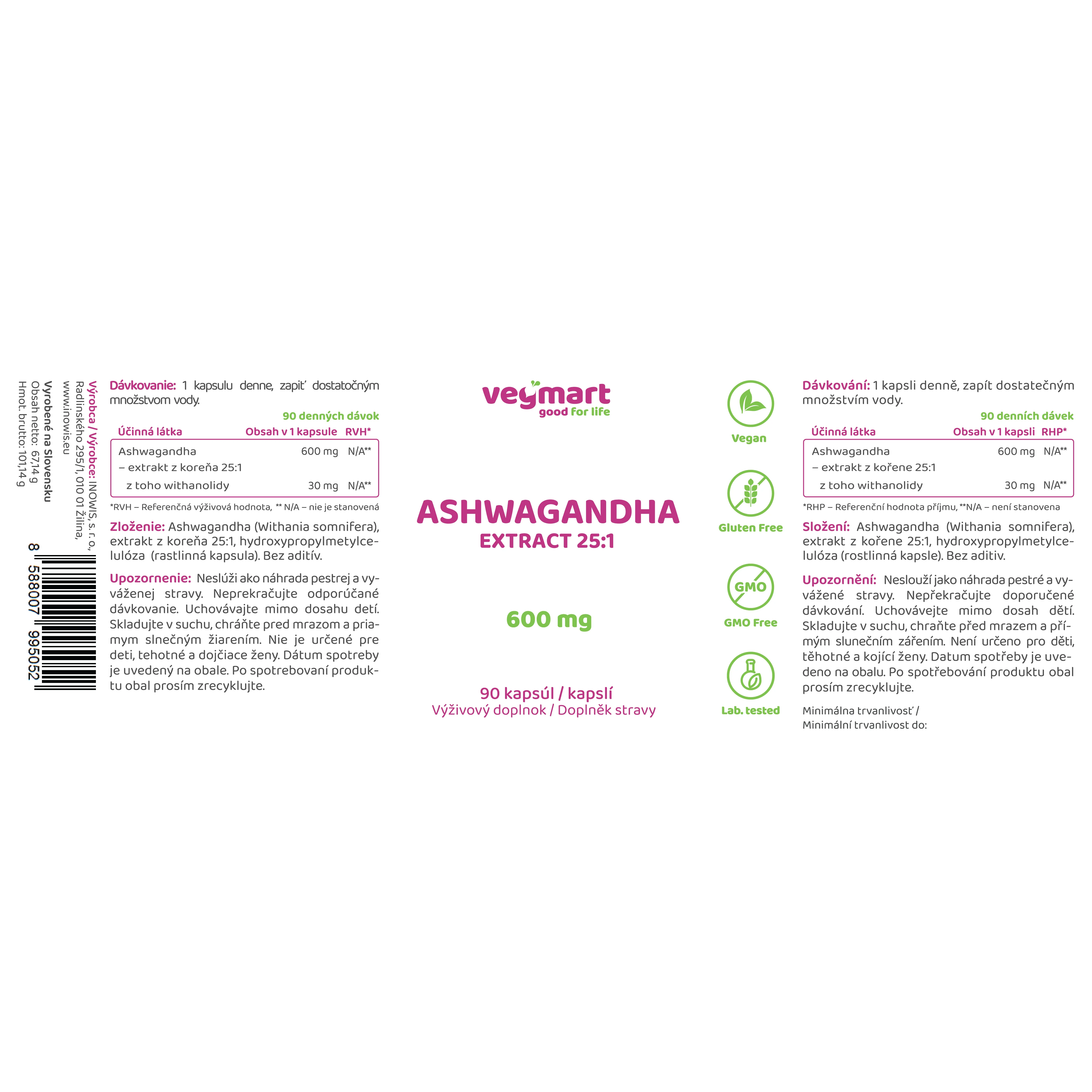 Vegmart Ashwagandha 600 mg, 90 kapsúl