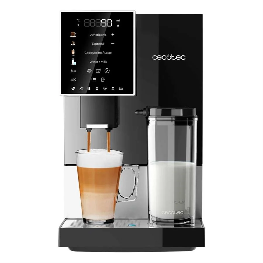 Cecotec Cremmaet Compactccino Black Silver Kávovar Cecotec, automatický, 19 barov, 150 gr. káva, 1,1 l voda, Thermoblok, nádrž na mlieko, dotykové ovládanie