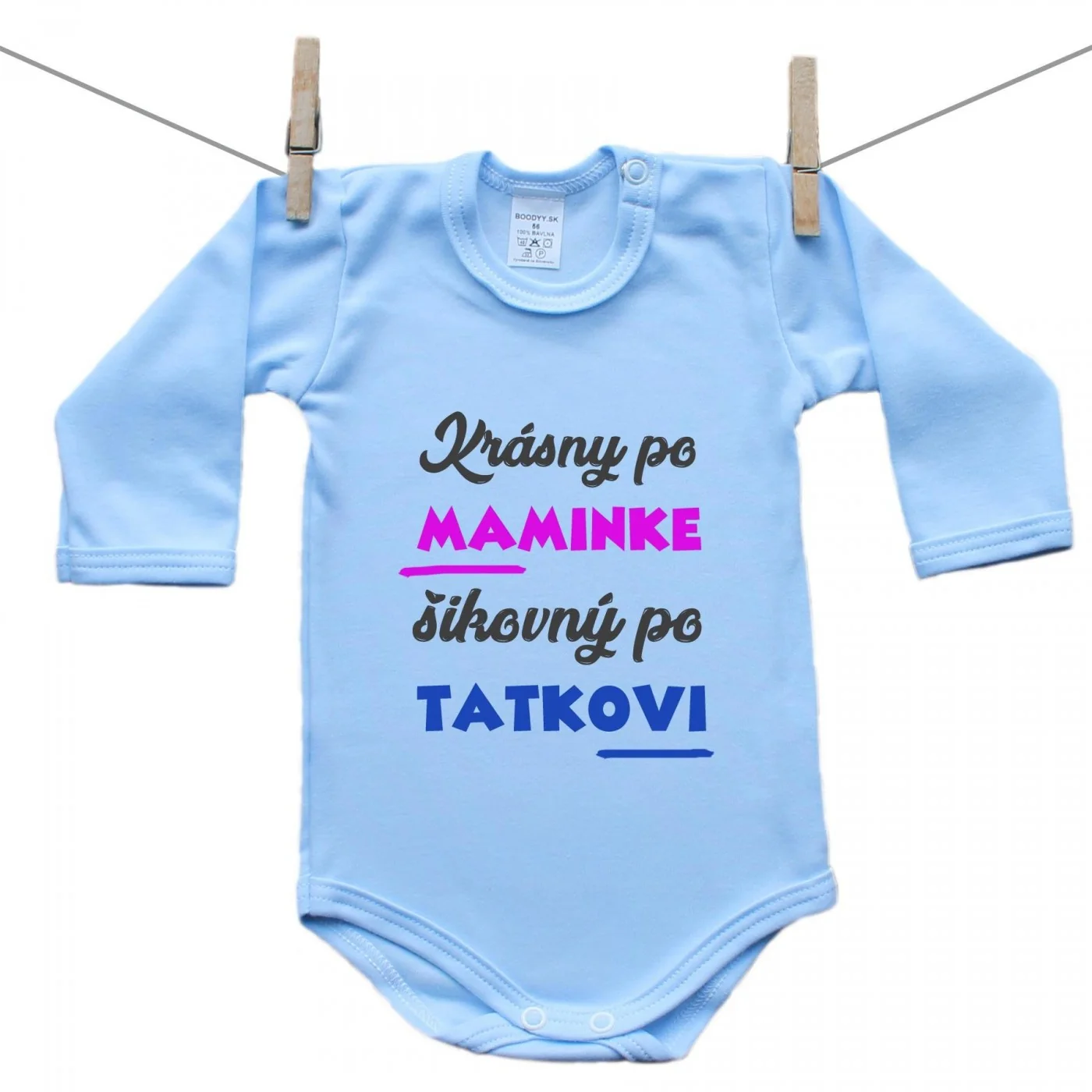 Boodyy Modré body s dlhým rukávom Krásny po maminke, šikovný po tatkovi Veľkosť: 50