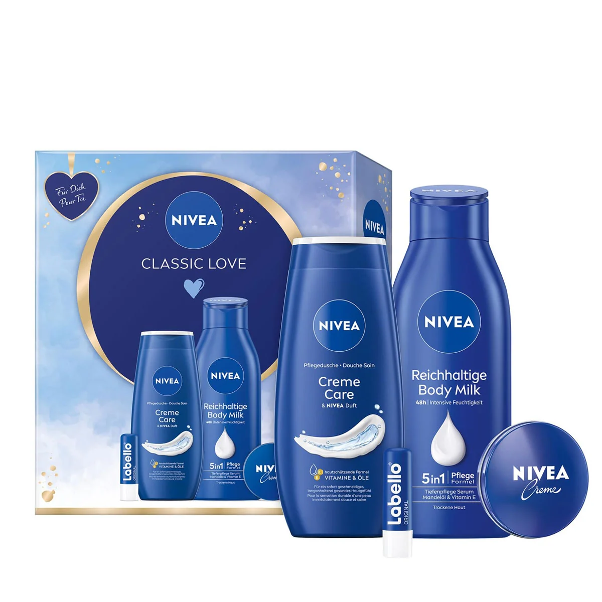 NIVEA darčeková kazeta Classic love (Nivea Creme Care sprchový gél 250ml + telové mlieko Creme Care 400ml + krém Creme 40ml + Labello 4,8g)