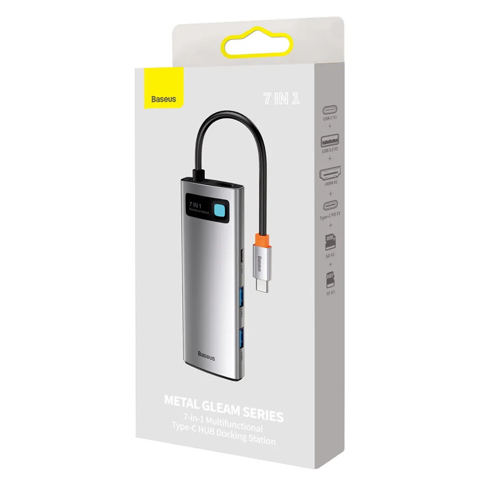 Baseus Metal Gleam HUB adaptér USB-C - 2x USB, HDMI, TF, šedý