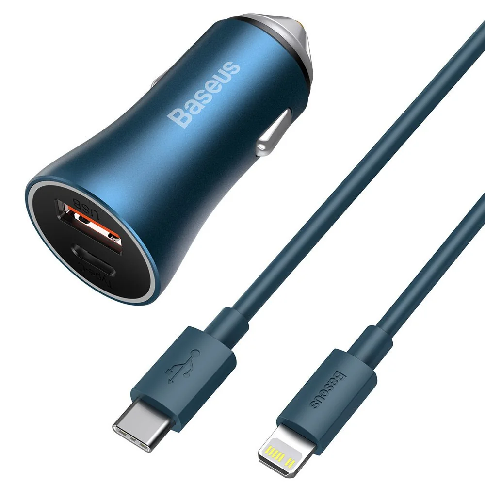 Baseus Golden Contactor Pro autonabíjačka USB-C / USB 40W PD QC + kábel USB-C / Lightning, modrá l USB-C / Lightning, modrá