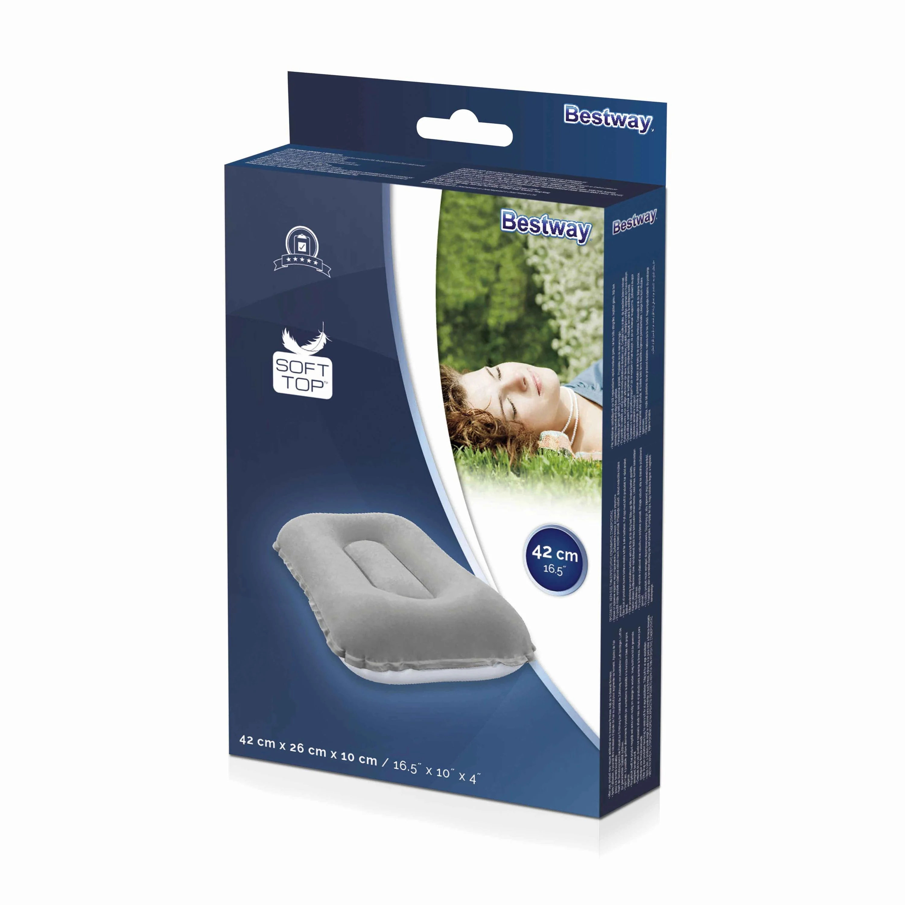 Nafukovací velúrový vankúš 42×26×10 cm – šedý, cestovný, Bestway 67121