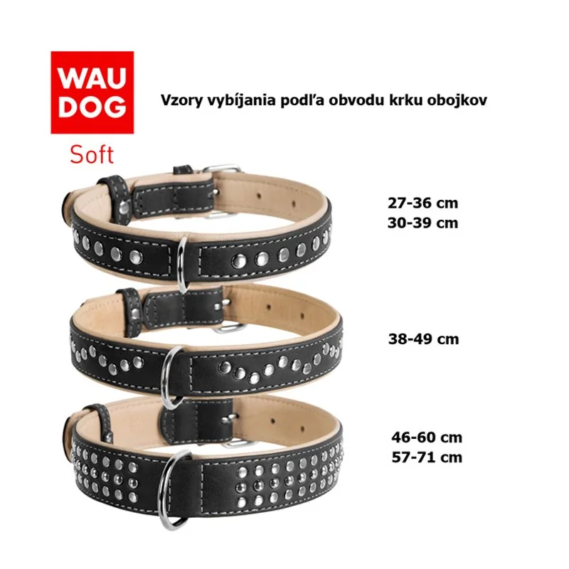 Plochý kožený obojok Soft čierno béžový vybíjaný, Obvod krku: 30-39cm, šírka: 20mm