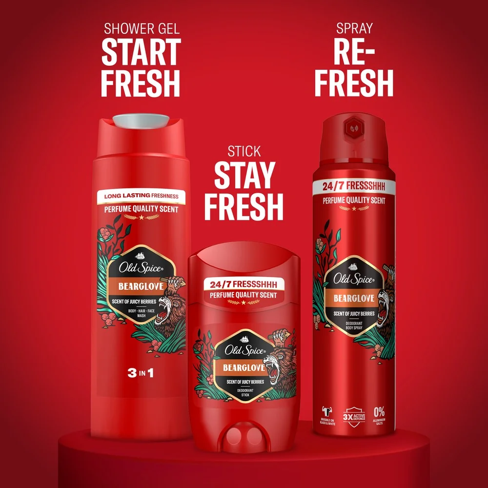 Old Spice darčeková sada Anime s tuhým dezodorantom, dezodorantom v spreji a sprchovým gélom Bearglove 1 set