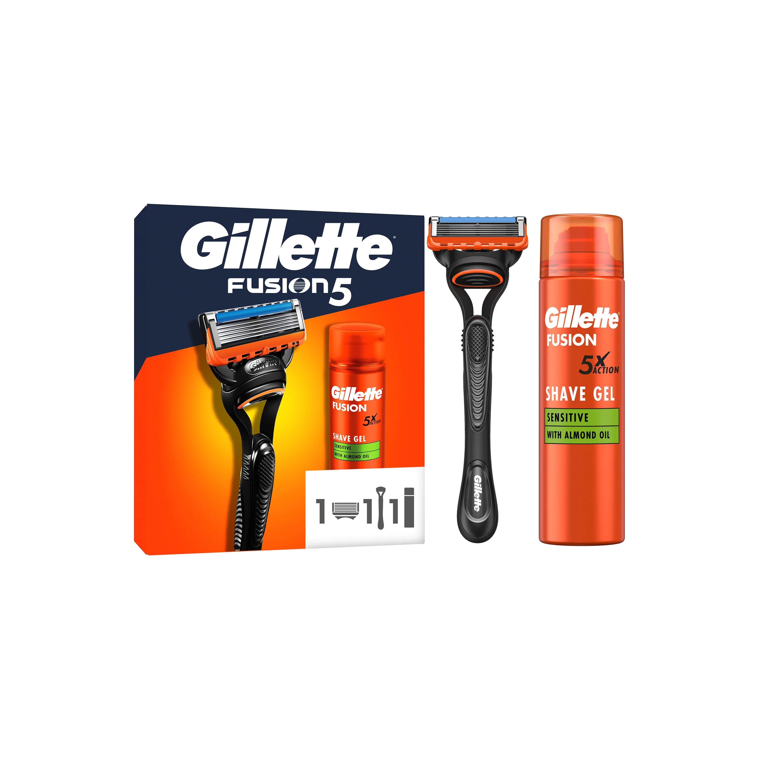 Xmass set Gillette Fusion5 pánsky holiaci strojček, 1 hlava + Fusion Sensitive gél na holenie 200ml 1 set
