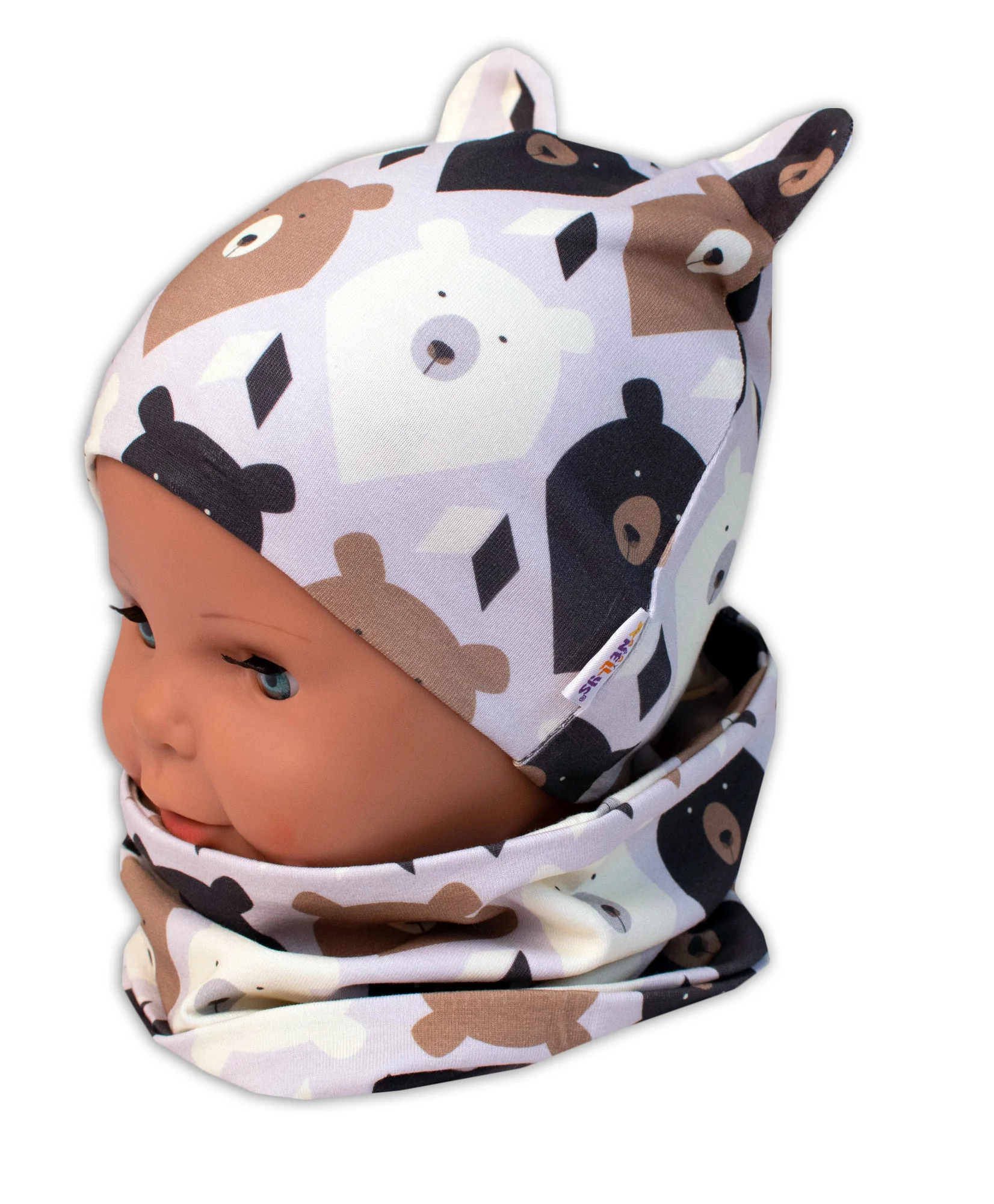 Baby Nellys Dvojvrstvová čiapka s uškami + komínček Medvede, hnedá/smotanová