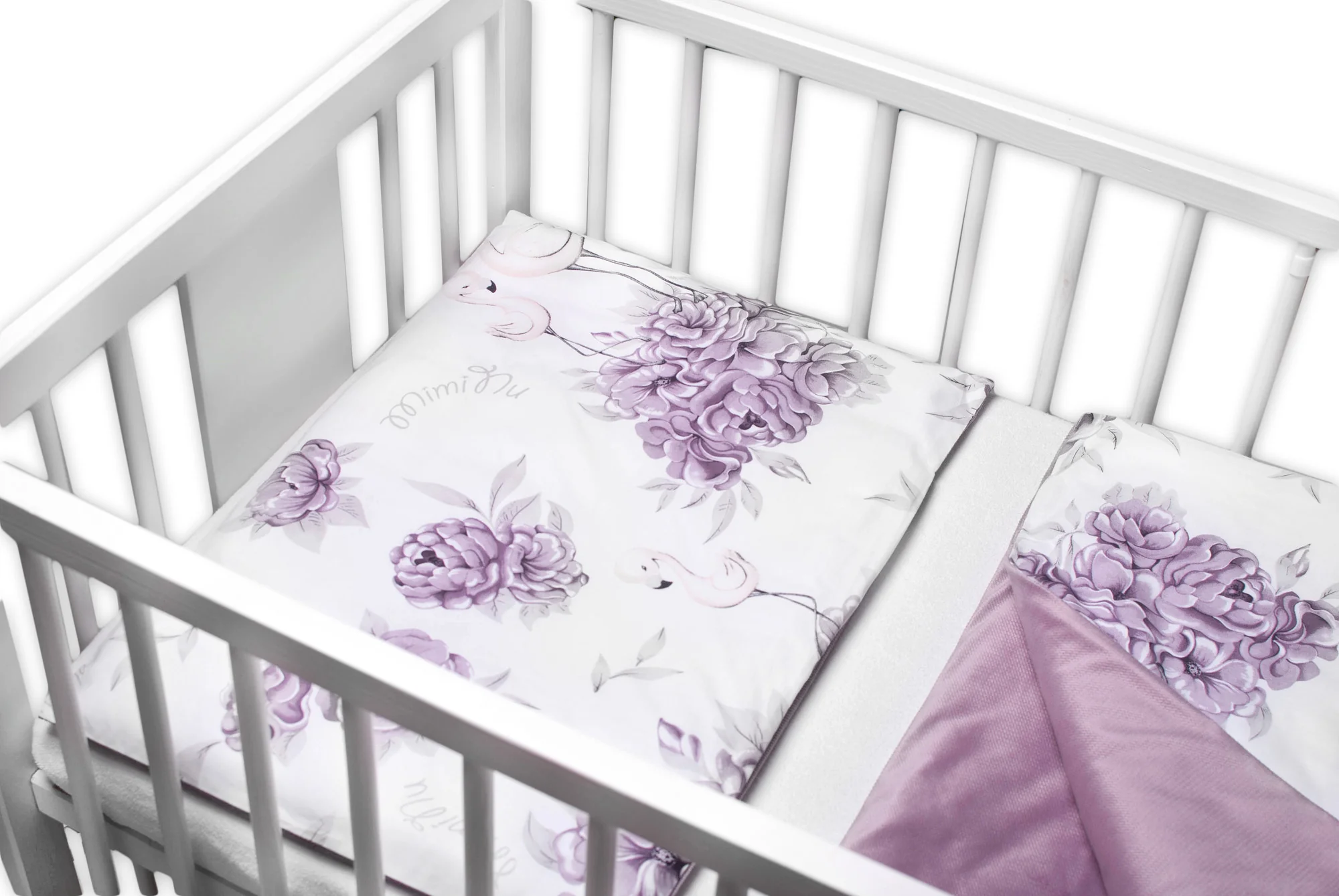 BABY NELLYS 3-dielna sada Mantinel s obliečkami, bavlna/velvet, Plameniak - slivkový