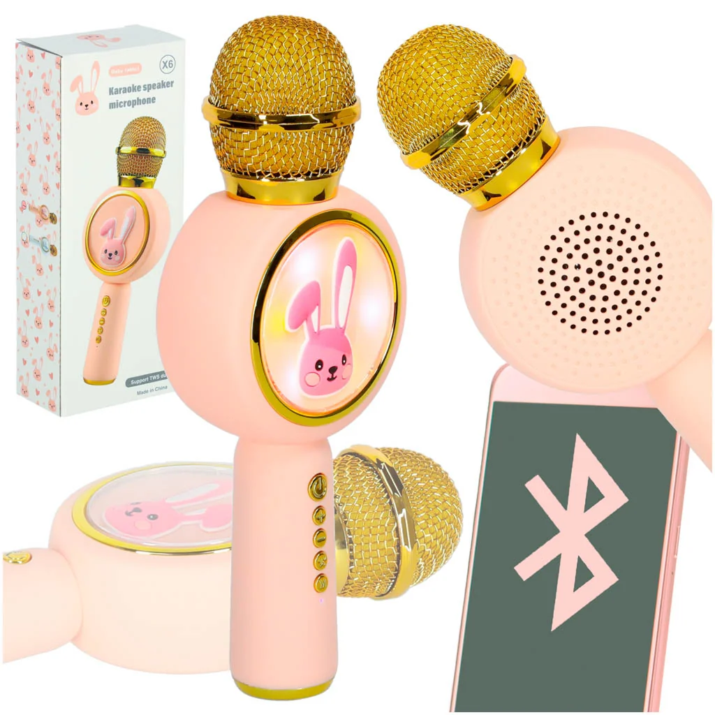 Bezdrôtový karaoke mikrofón detský, Bluetooth, 5 W, ružový zajac