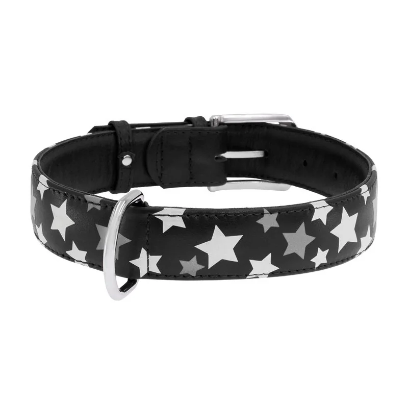 Plochý kožený obojok s hviezdičkami čierny svietiaci, Obvod krku: 21-29 cm, širka: 12 mm