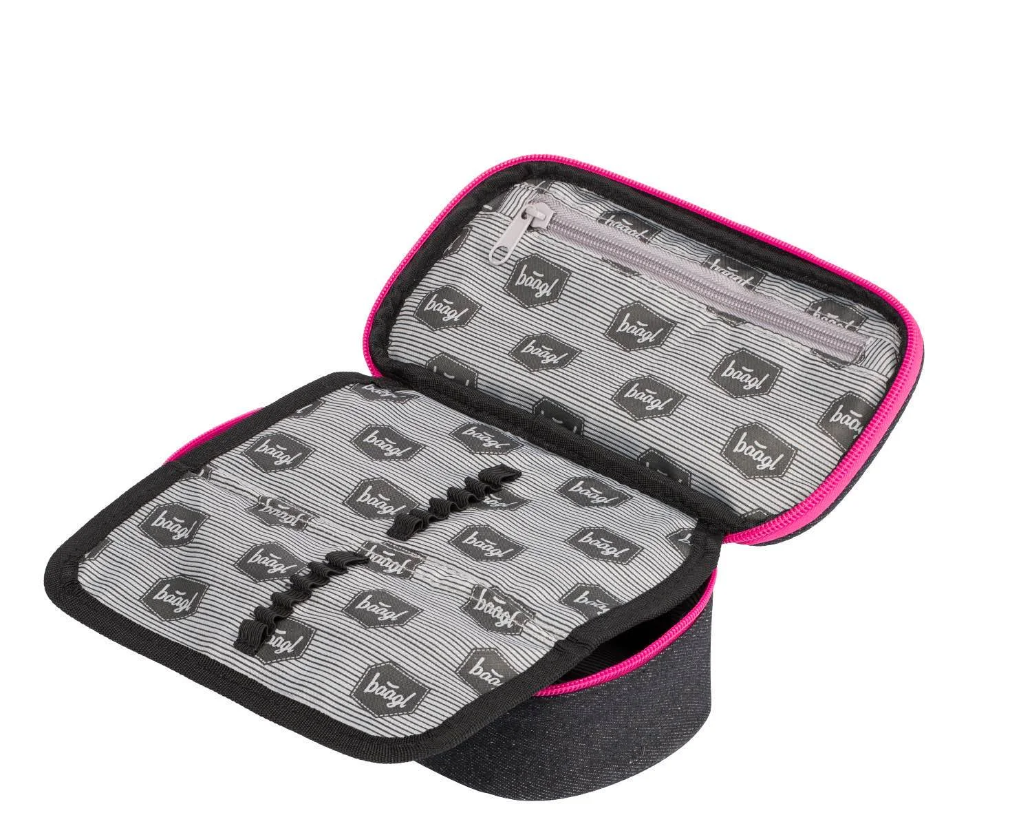 Baagl Školský peračník etui Tenisky, denim, ružový zips modrý, oválny