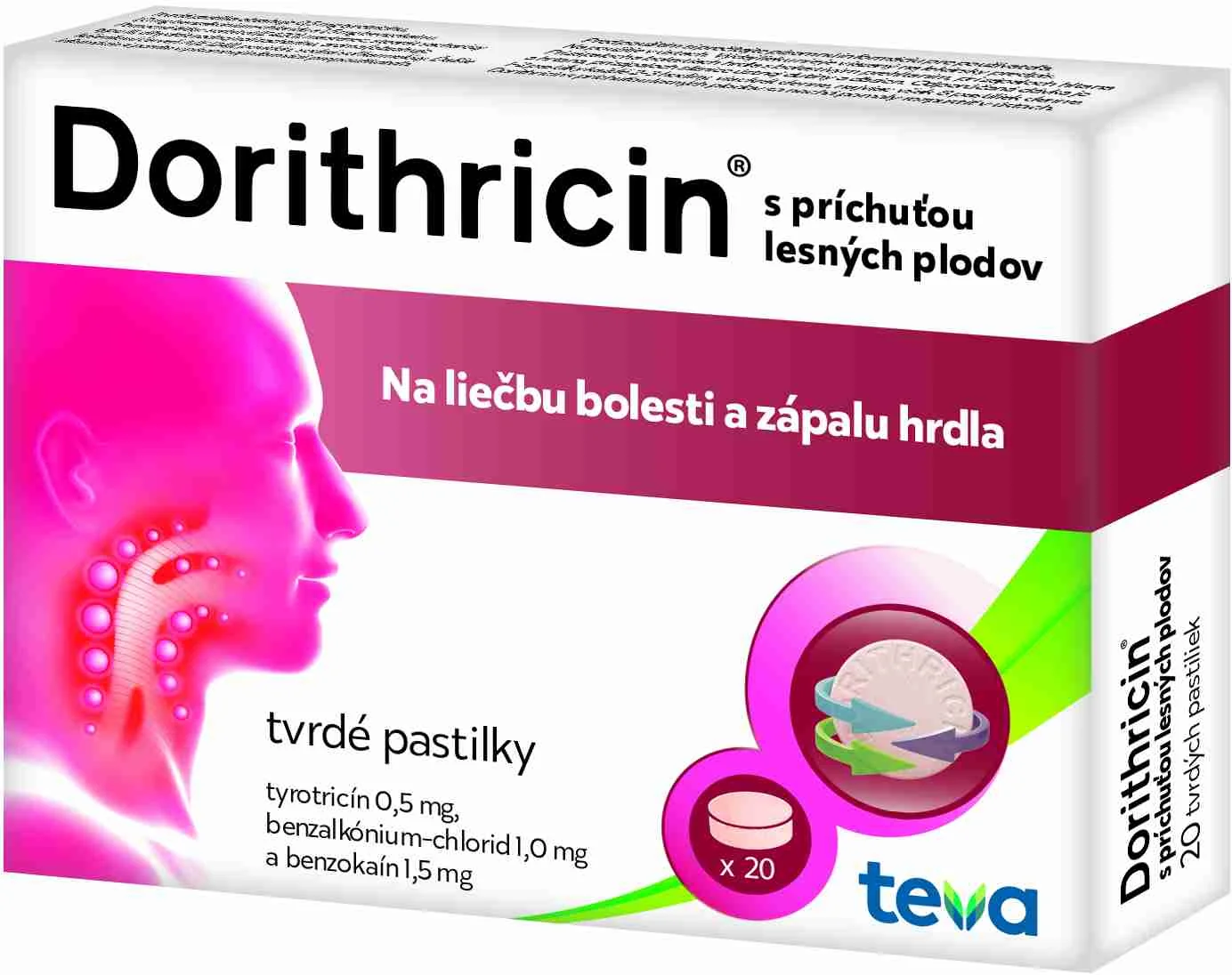 Dorithricin s príchuťou lesných plodov 1×20 cps, liek na bolesť hrdla