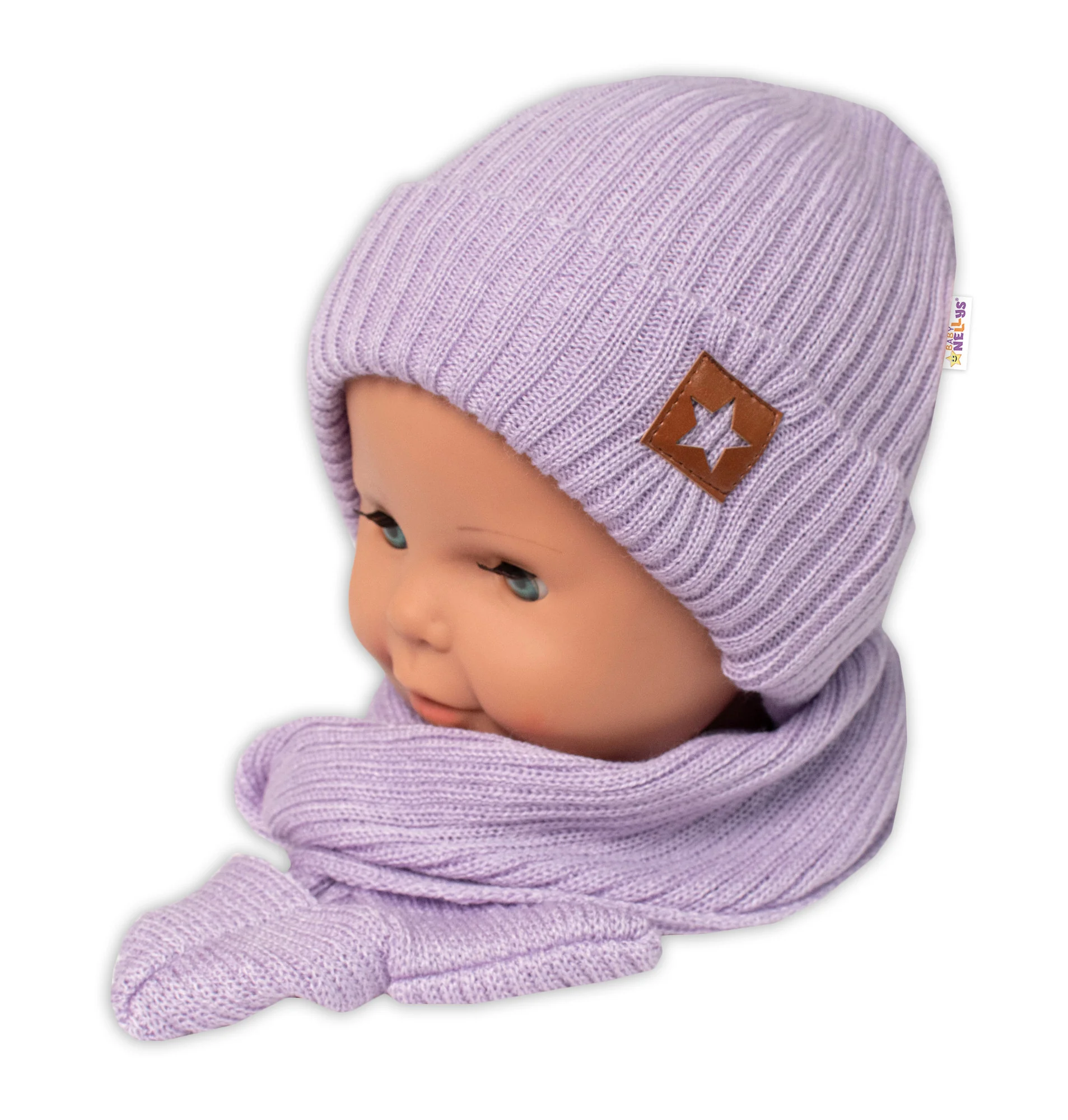 Baby Nellys Pletená čiapka so šálom a rukavičky 3v1, STAR - fialová