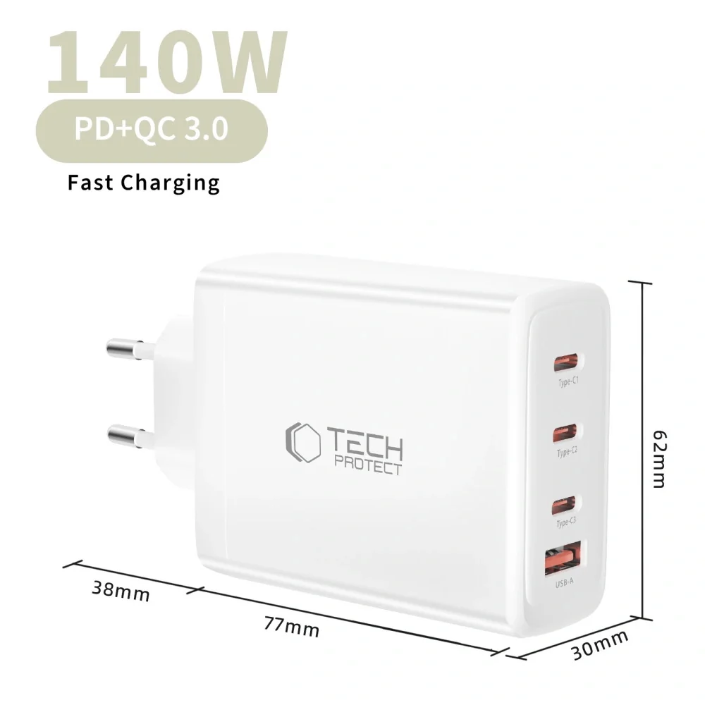 Tech-Protect NC140W GaN sieťová nabíjačka USB / 3x USB-C 140W PD QC, biela iela