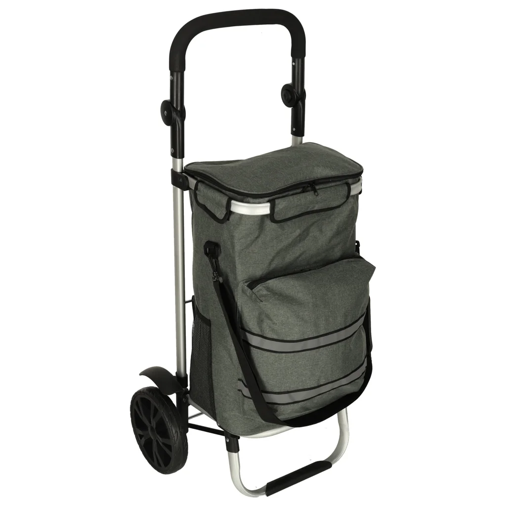 Nákupný vozík na kolieskach 100 cm sivý s odrazkami termo kapsa 40 l 30 kg