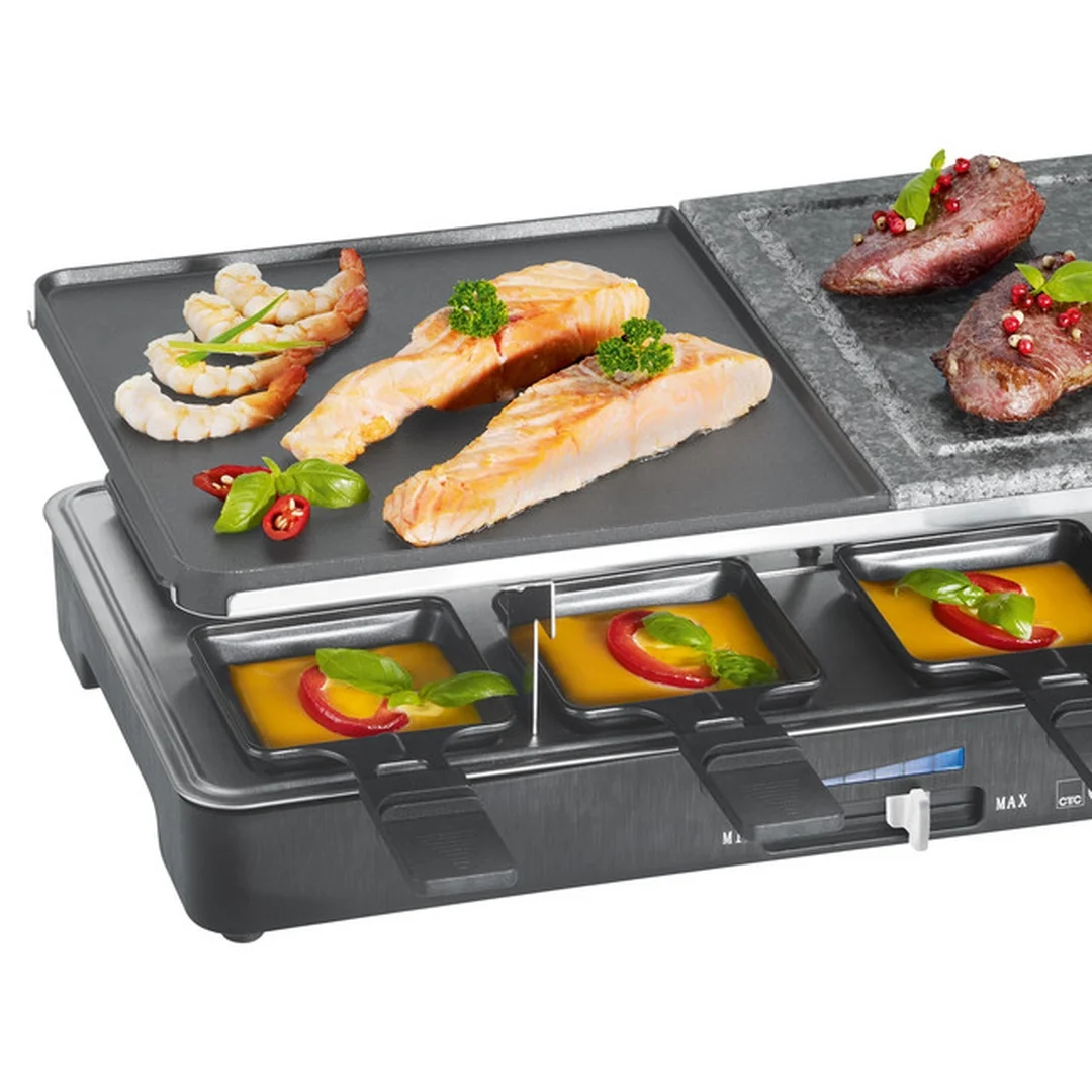 Clatronic RG 3518 raclette gril 2 v 1 s prírodným kameňom, 8 panvičiek