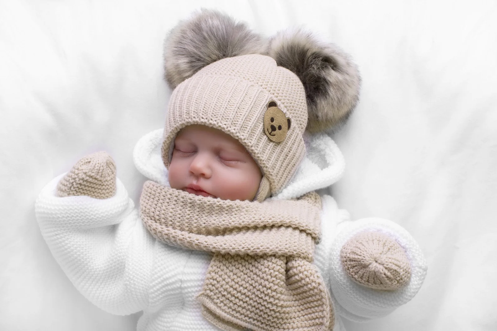 Detská sada, zimná čiapka so šálom + rukavičky 3D, Teddy Bear - béžová