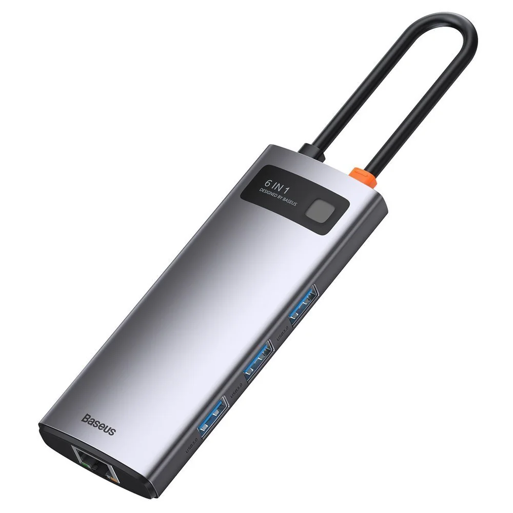 Baseus Metal Gleam HUB adaptér USB-C - USB-C, 3x USB, HDMI, RJ45, šedý