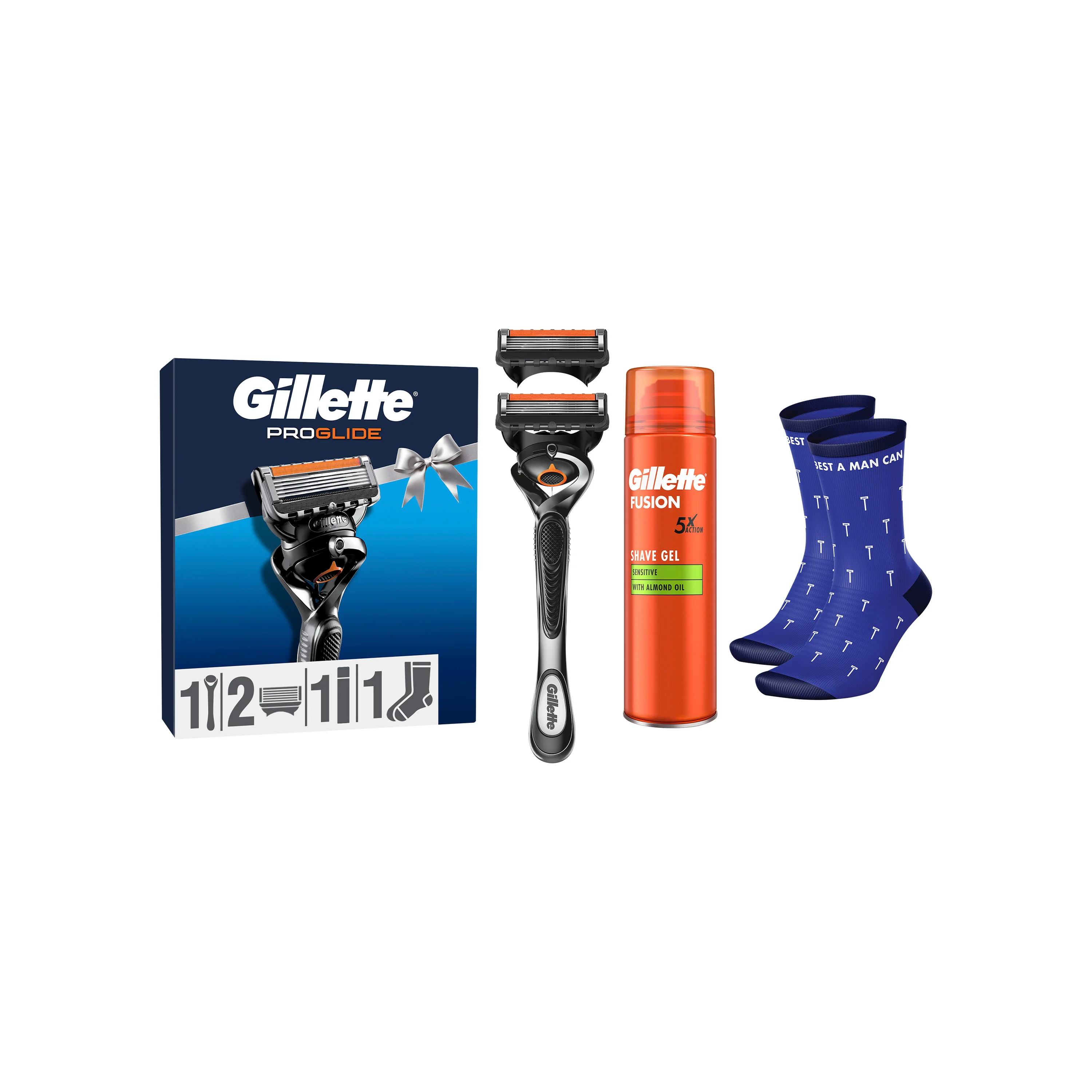 Xmass set Gillette s pánskym holiacim strojčekom Proglide, 2 hlavy + gél na holenie Fusion Sensitive 200ml a ponožky 1 set
