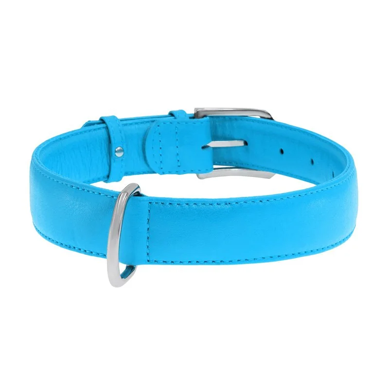 Plochý kožený obojok modrej farby, Obvod krku: 18-21 cm, širka: 9 mm