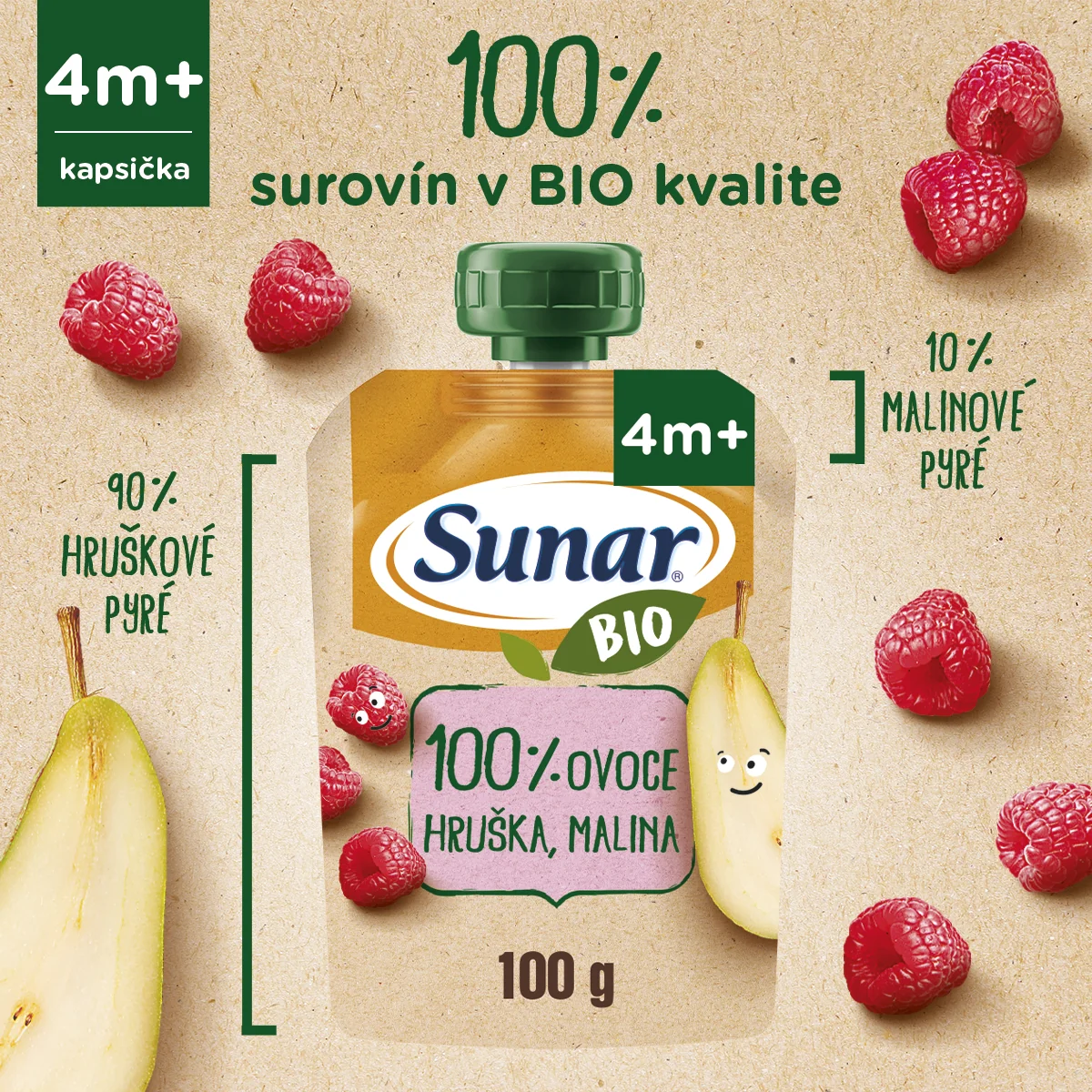 Sunar Kapsička Hruška, malina 1×100 g, ovocný príkrm (100% ovocia), 4m+