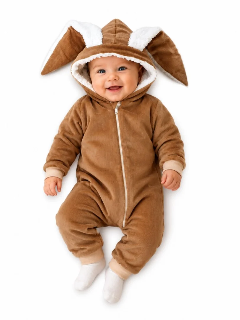 Baby Nellys Menčestrová kombinézka /overal s kožušinkou Cute Bunny - hnedá, veľ. 68/74