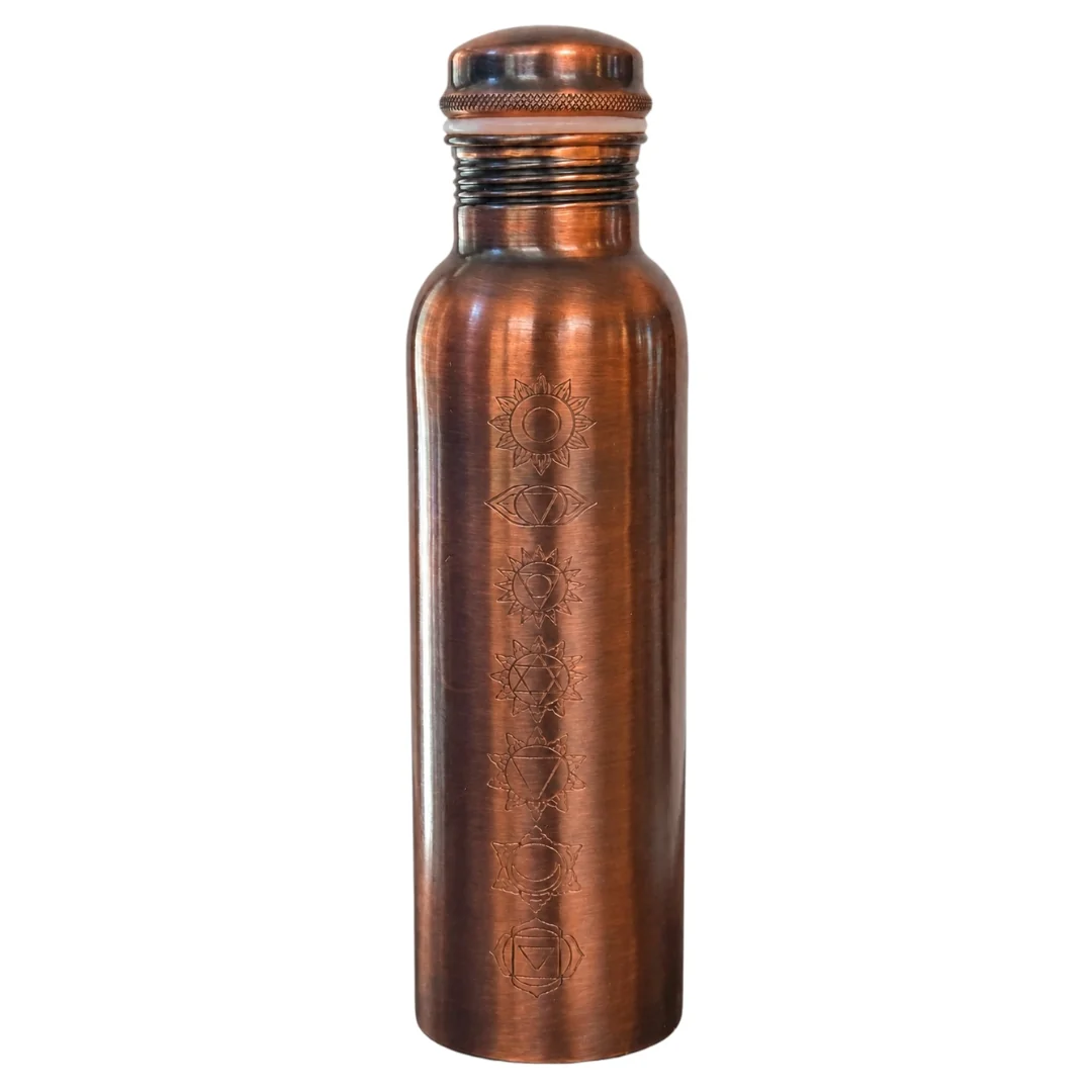Fľaša na vodu z čistej medi – 7 čakier (antický vzhľad) – 950 ml / 330 g