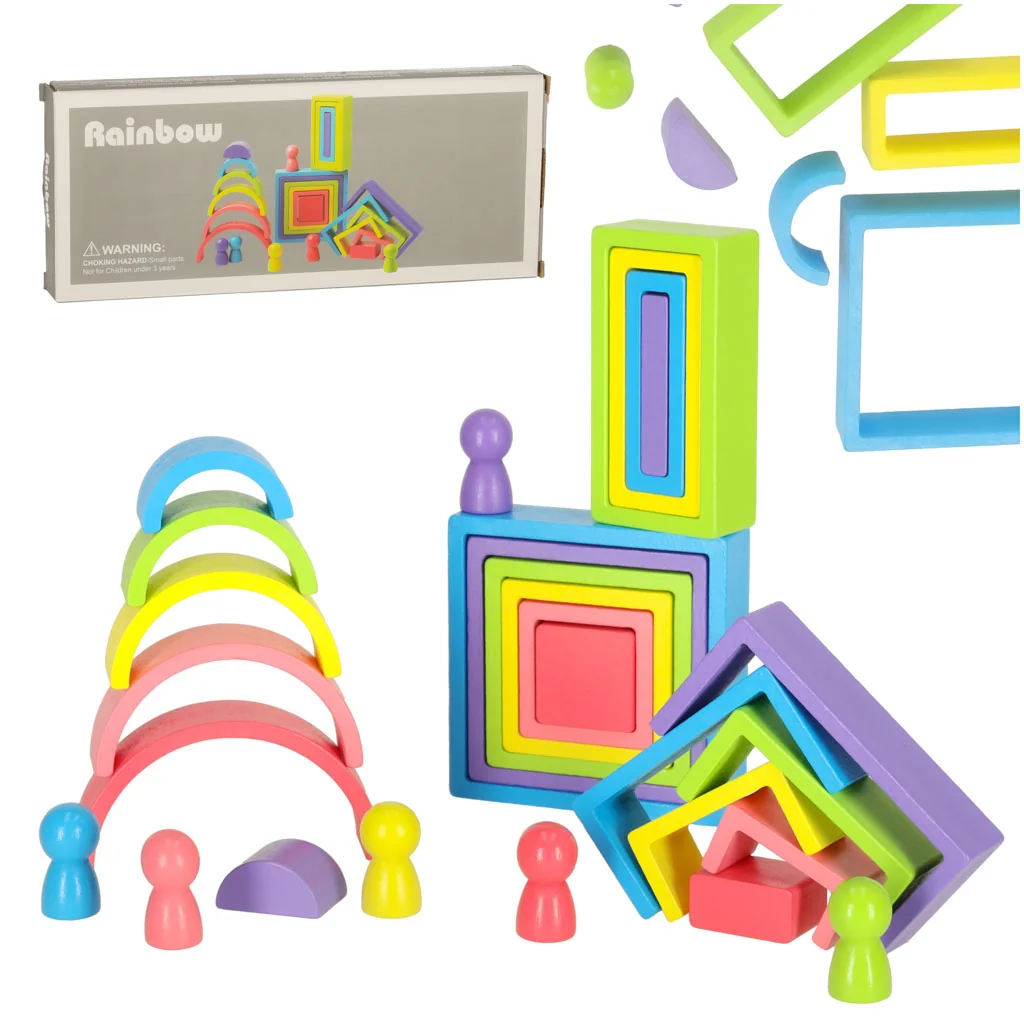 Montessori drevené dúhové puzzle – sada blokov a figúrok