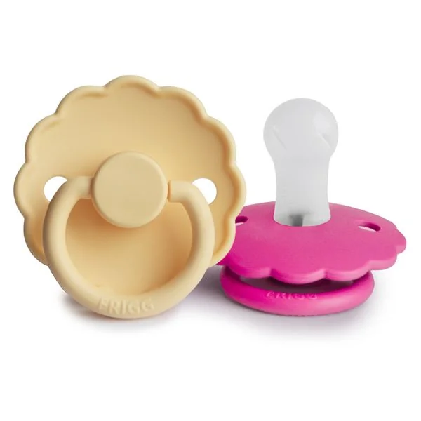 FRIGG Daisy silikónové cumlíky Pale Daffodil/Fuchsia, 0-6m, dvojbalenie 1×2 ks, silikónový cumlík