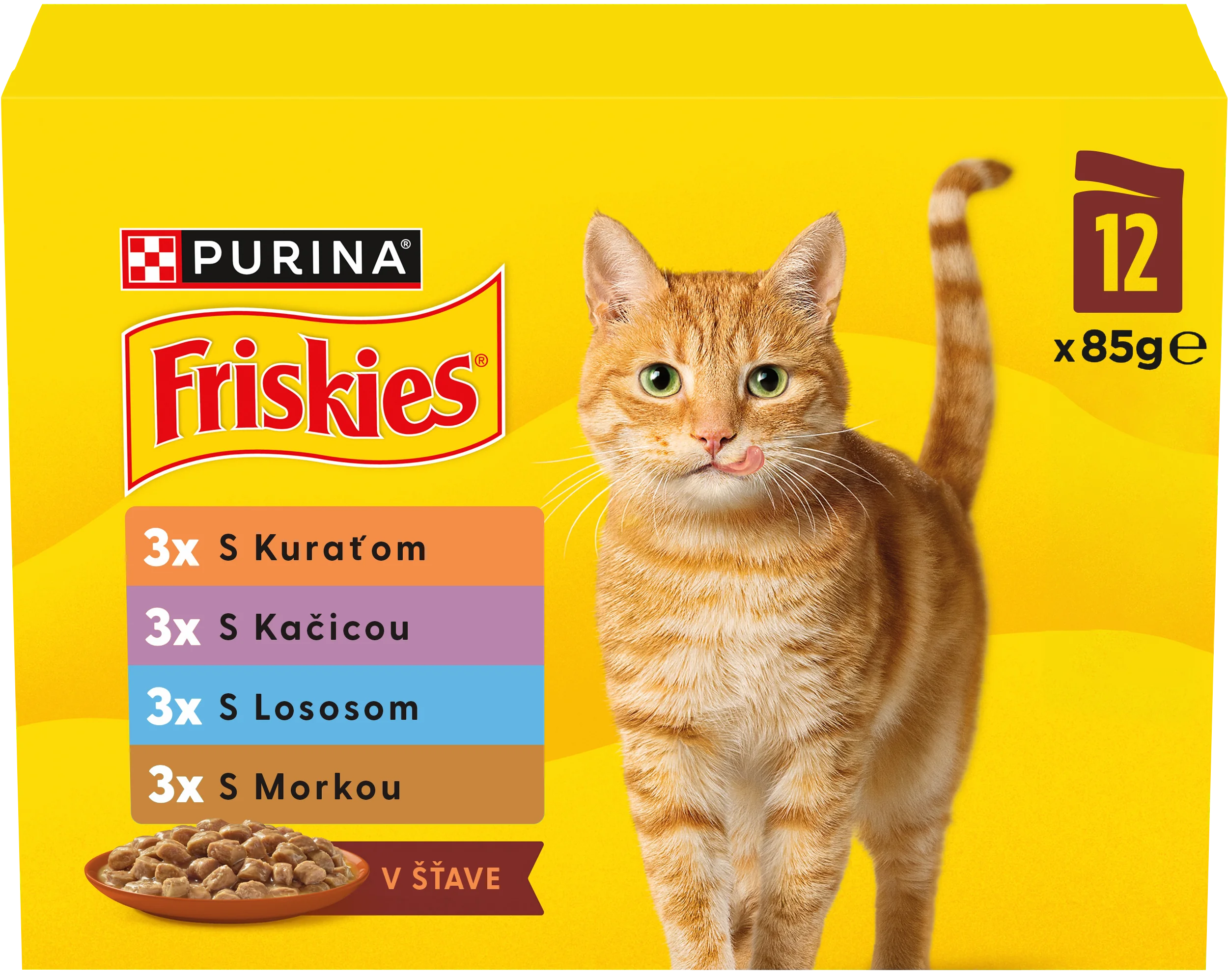 Friskies kapsičky pre mačky kura, kačica, losos, morka v šťave 12×85 g 12×85 g, kompletné krmivo pre dospelé mačky