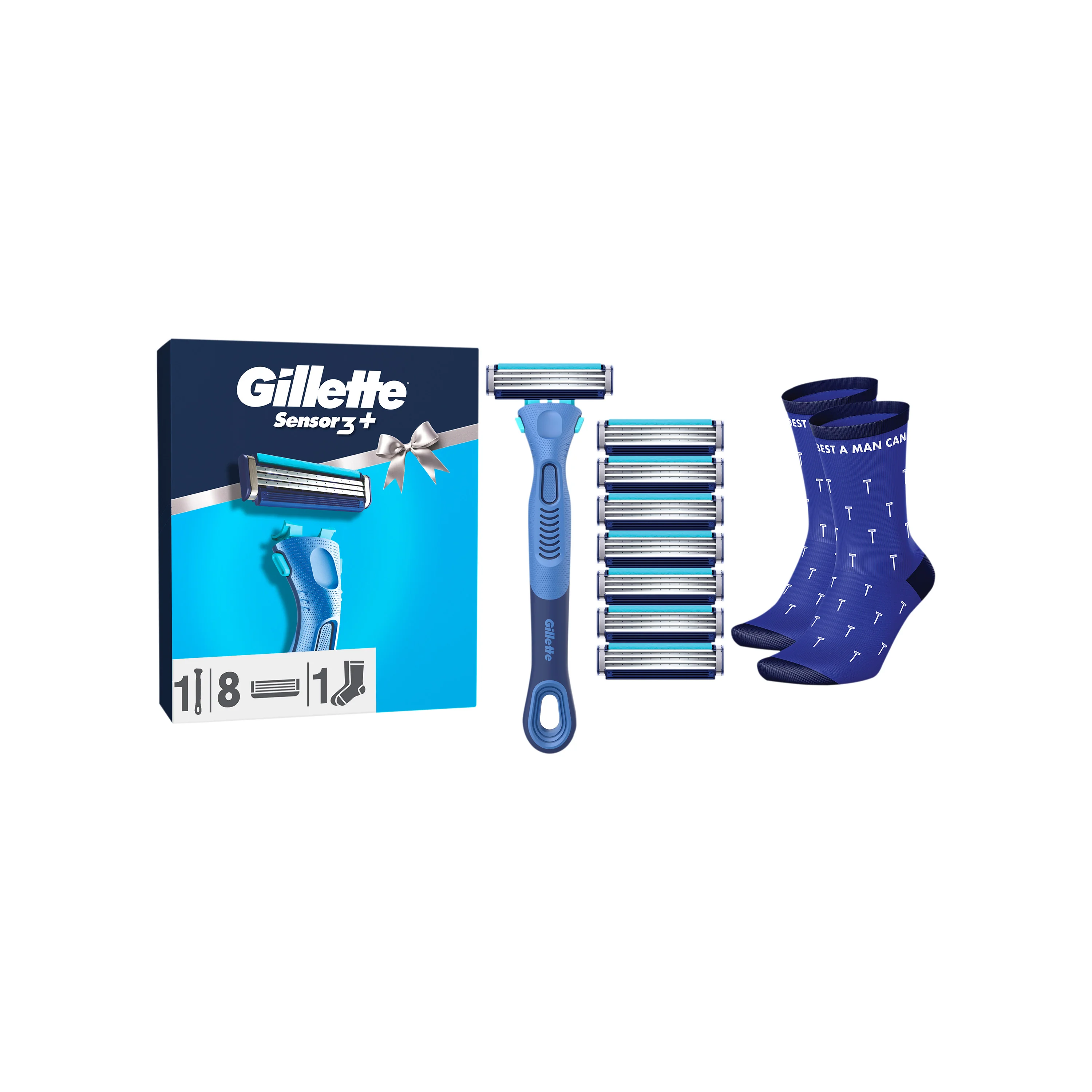 Gillette Sensor 3+ darčeková sada: pánsky holiaci strojček, 8 náhradných hlavíc, ponožky 1 set