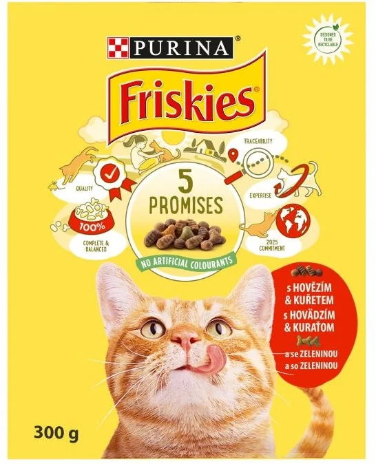 FRISKIES GM 1x300g s hovädzím, kuraťom a pridanou zeleninou 1×300 g, kompletné krmivo pre dospelé mačky