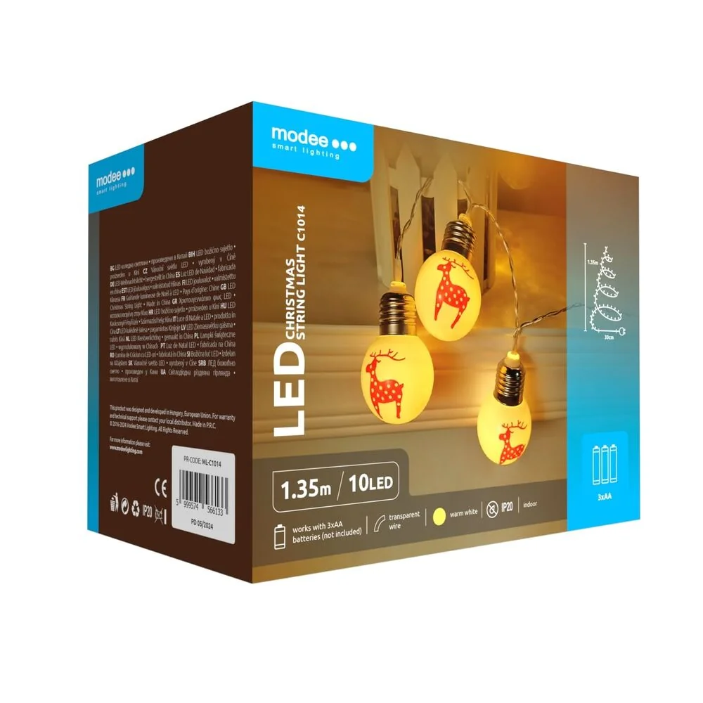 Modee Lighting LED vianočná reťaz 10 LED 1,35m 3xAA teplá biela vianočná guľa