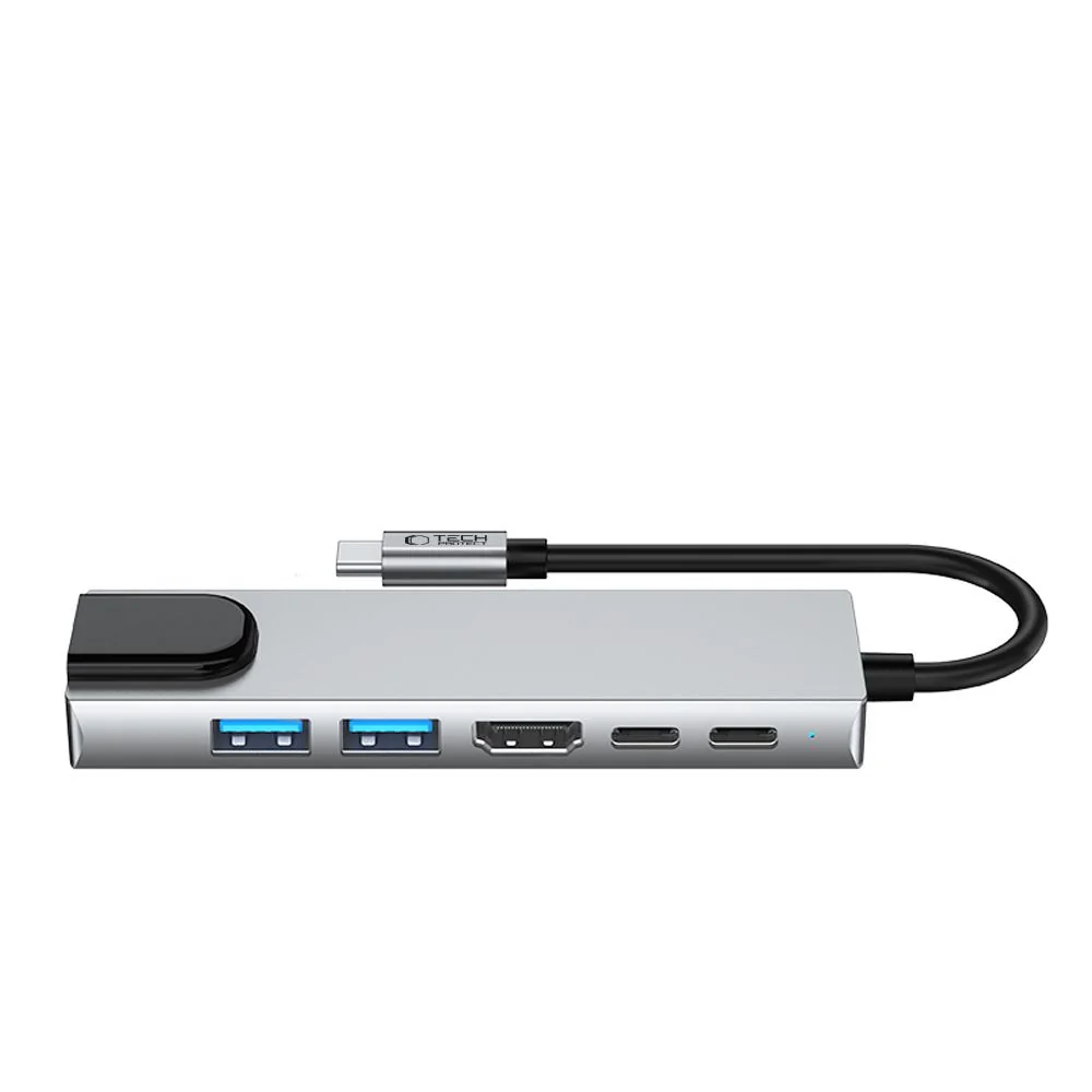 Tech-Protect HB02 HUB adaptér USB-C - 2x USB / HDMI 4K / RJ45 / USB-C 100W, šedý 100W, šedý