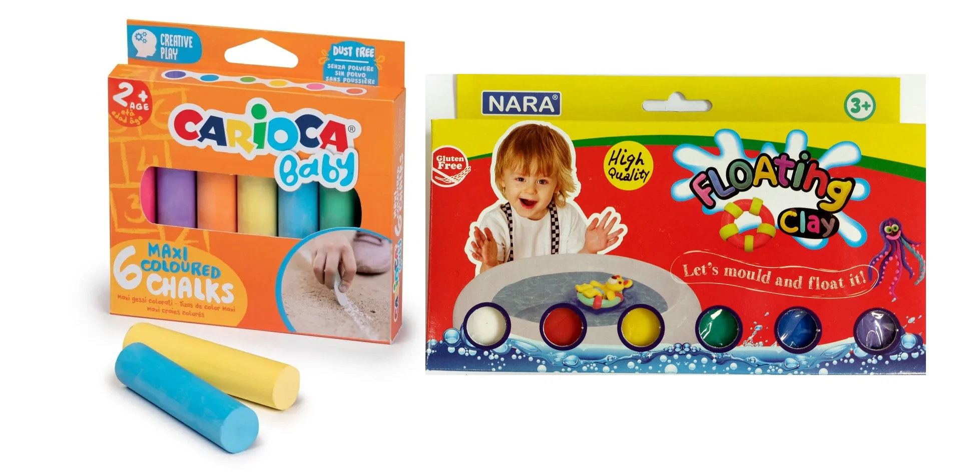 Chodníkové kriedy BABY MAXI COLORED Carioca  6 ks-CARIOCA + MOVEO Modelovacia hmota plávajúca-neónová 6 ks 300g-MOVEO