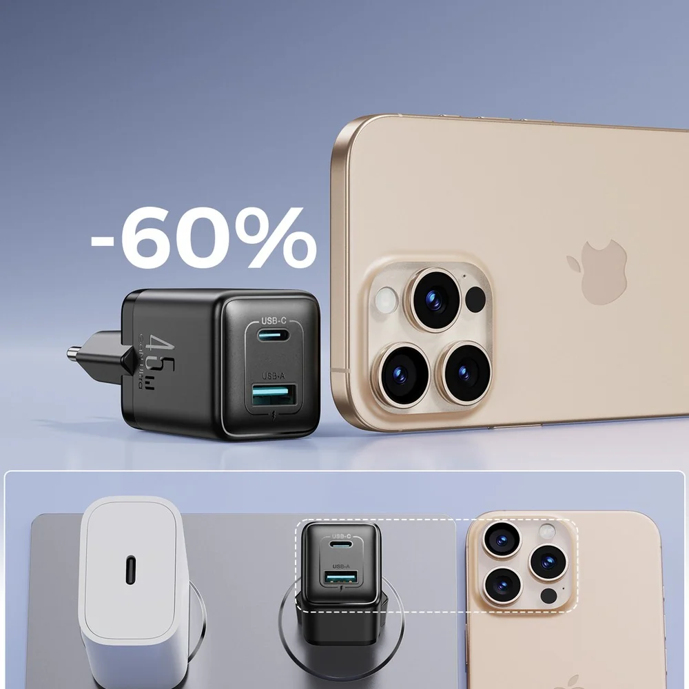 Nabíjačka GaN 45W USB-C a USB-A, kompaktná cestovná, čierna