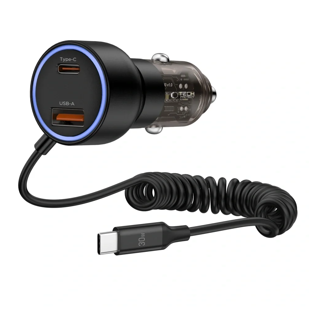 Tech-Protect CC05 autonabíjačka USB / USB-C 60W PD + kábel USB-C, čierna na