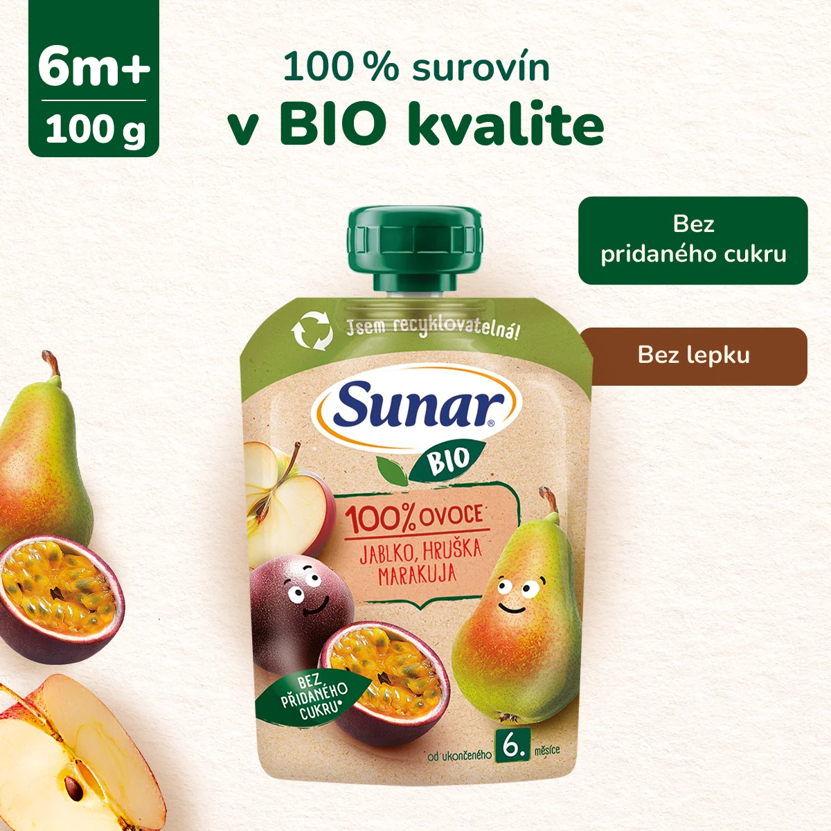 Sunar BIO ovocná kapsička Jablko, hruška, marakuja, 6m+ 100 g