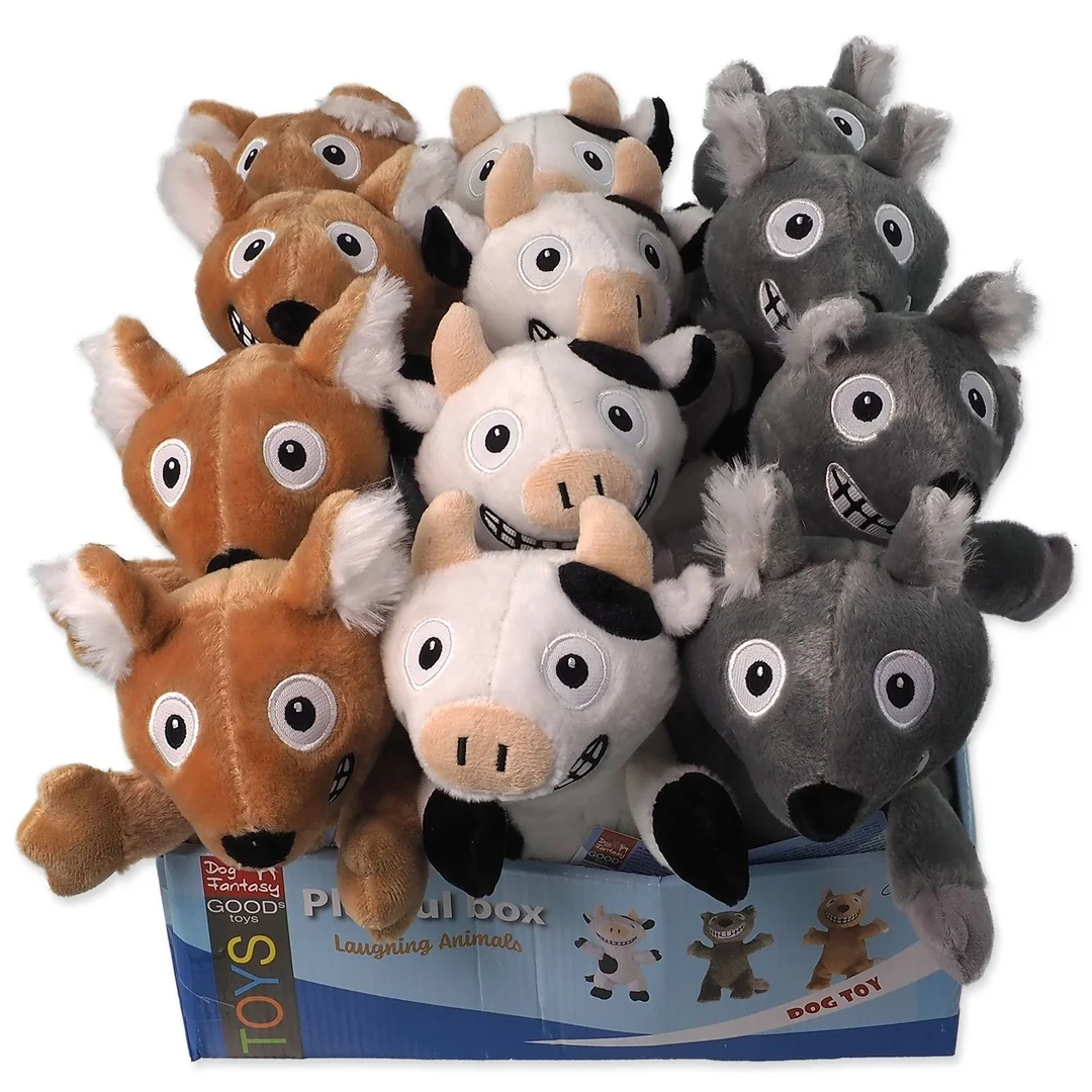 Hračky Dog Fantasy Playful Box Laughing zvieratká pískacie a šuštiaci chvost mix 29cm 18ks