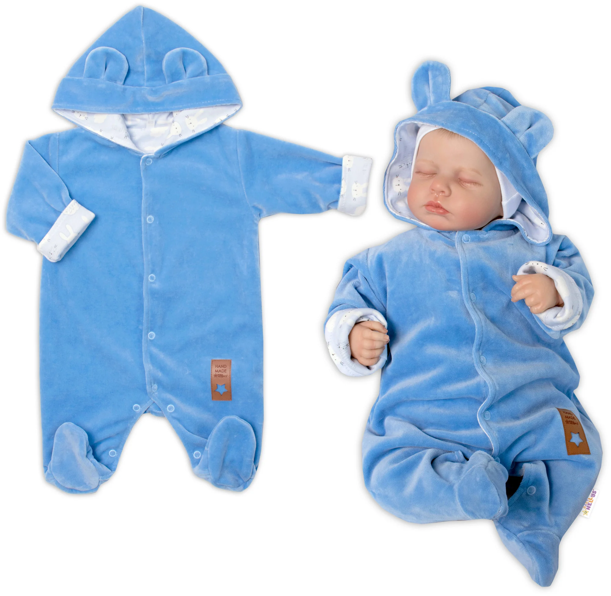 Dvojvrstvový velúrový overal s kapucňou New Bunny, modrý, veľ. 86