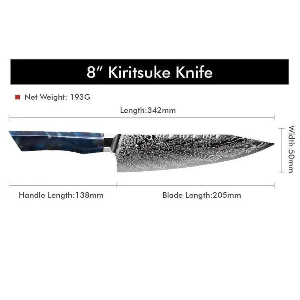 Damaškový kuchynský nôž Seiryuu-Santoku/Modrá 7" nôž, VG10 jadro