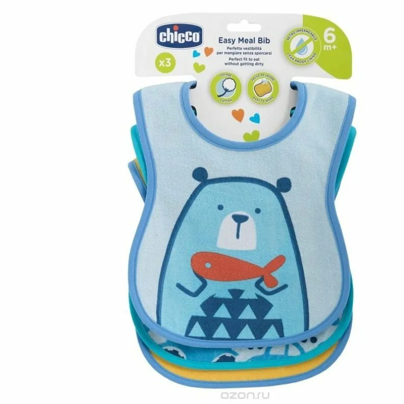 Chicco Nepremokavé podbradníky 3 ks, modré, 6m+