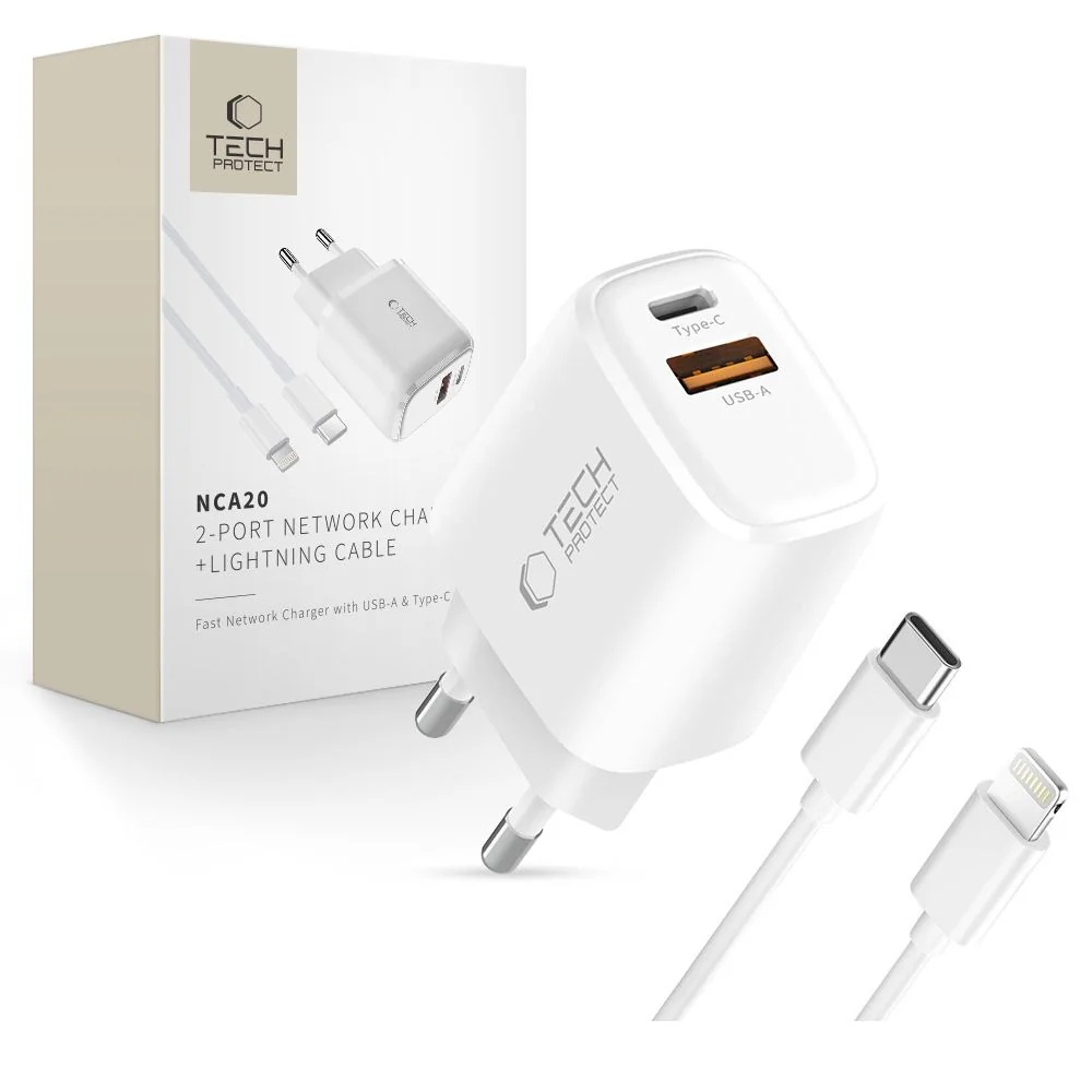 Tech-Protect NCA20 sieťová nabíjačka 20W PD QC + kábel Lightning, biela a