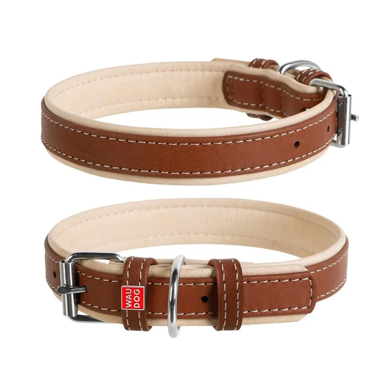 Plochý kožený obojok Soft hnedo béžový, Obvod krku: 30-39cm, šírka: 20mm