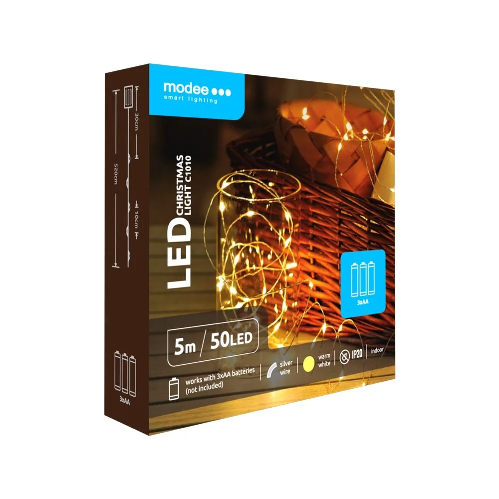 Modee Lighting LED vianočná reťaz 50 LED 5m 3xAA teplá biela