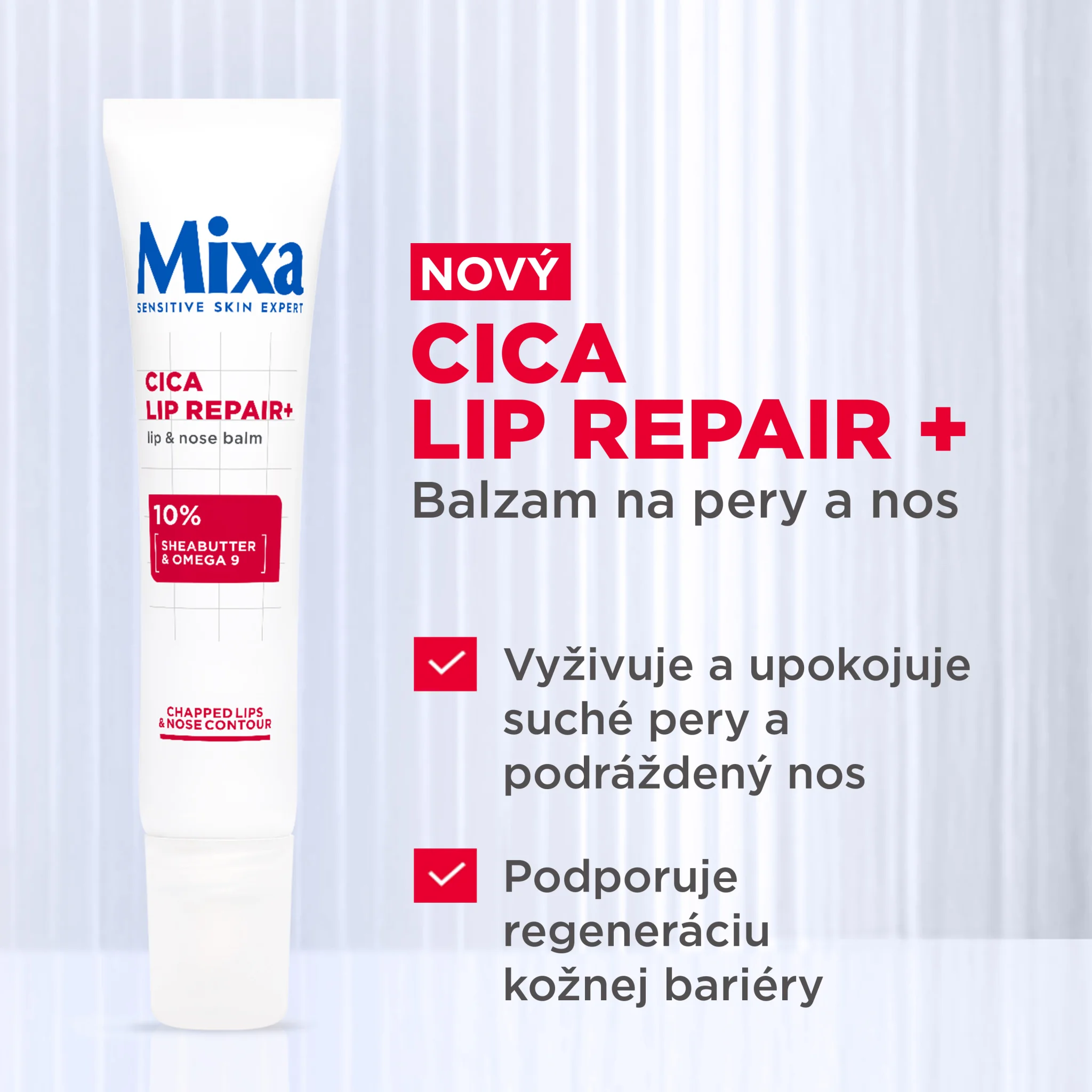 Mixa Cica Lip Repair+, balzam na pery a nos, 10 % bambuckého masla a OMEGA 9, vhodný na pery a nos,
hypoalergénny, 10 ml. 10 ml