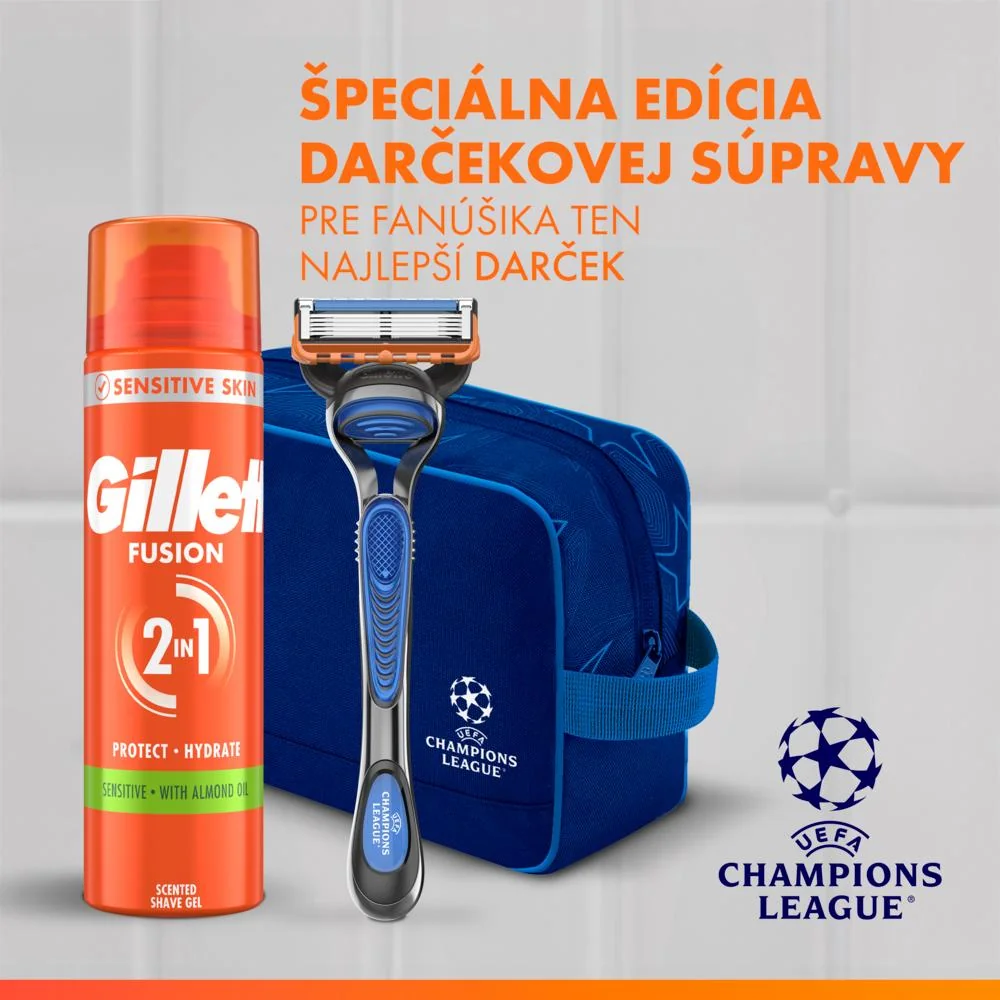 Xmass set Gillette Fusion5 UEFA Champions League Special Edition pánsky holiaci strojček, 4 hlavy + gél na holenie Fusion Sensitive 200ml 1 set
