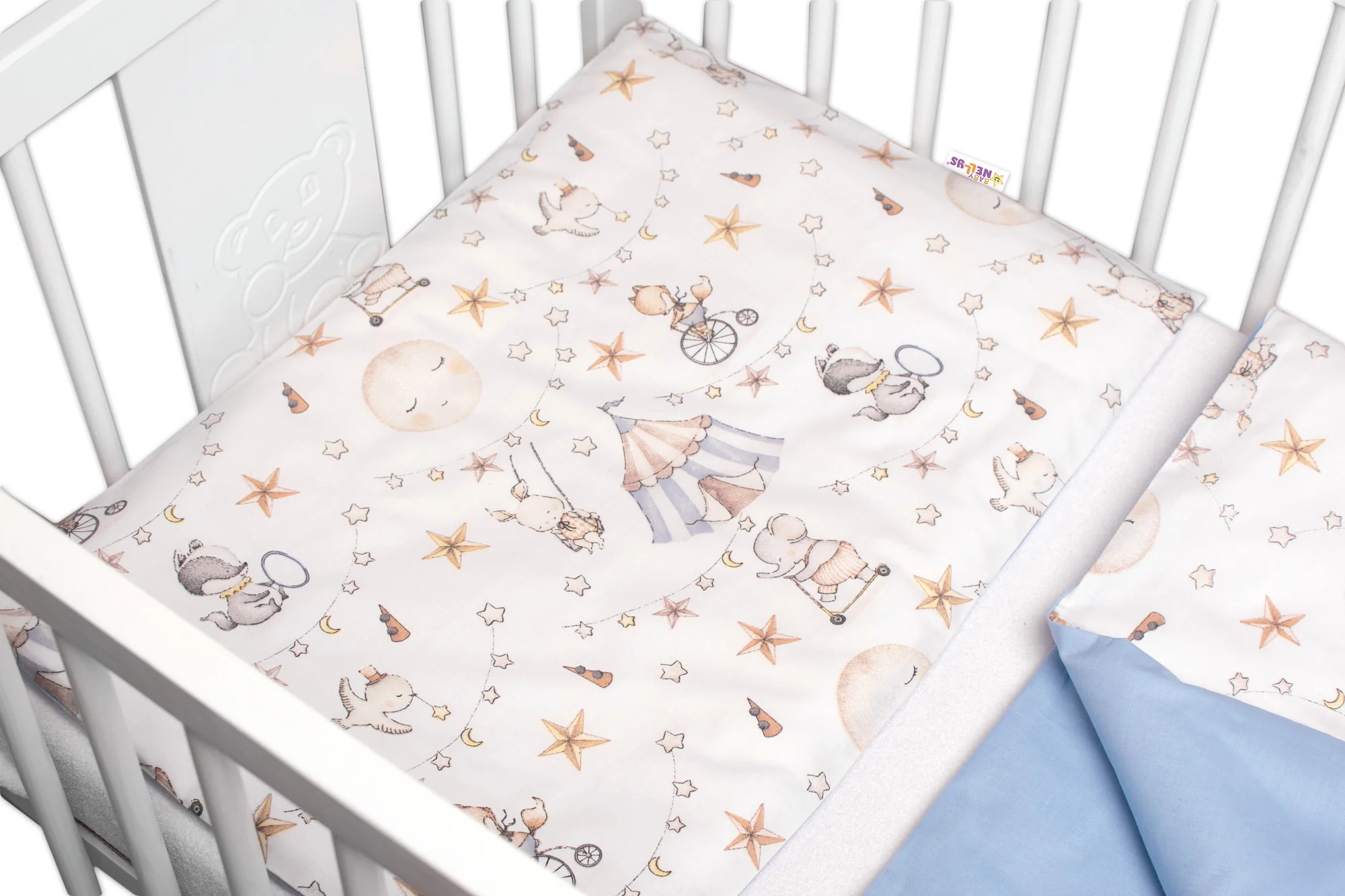 3-dielna sada Mantinel s obliečkami Baby Nellys Cirkus, modrá/biela