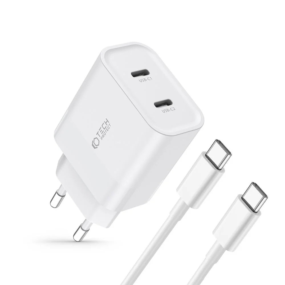 Tech-Protect C20W sieťová nabíjačka 2x USB-C 20W + kábel USB-C, biela