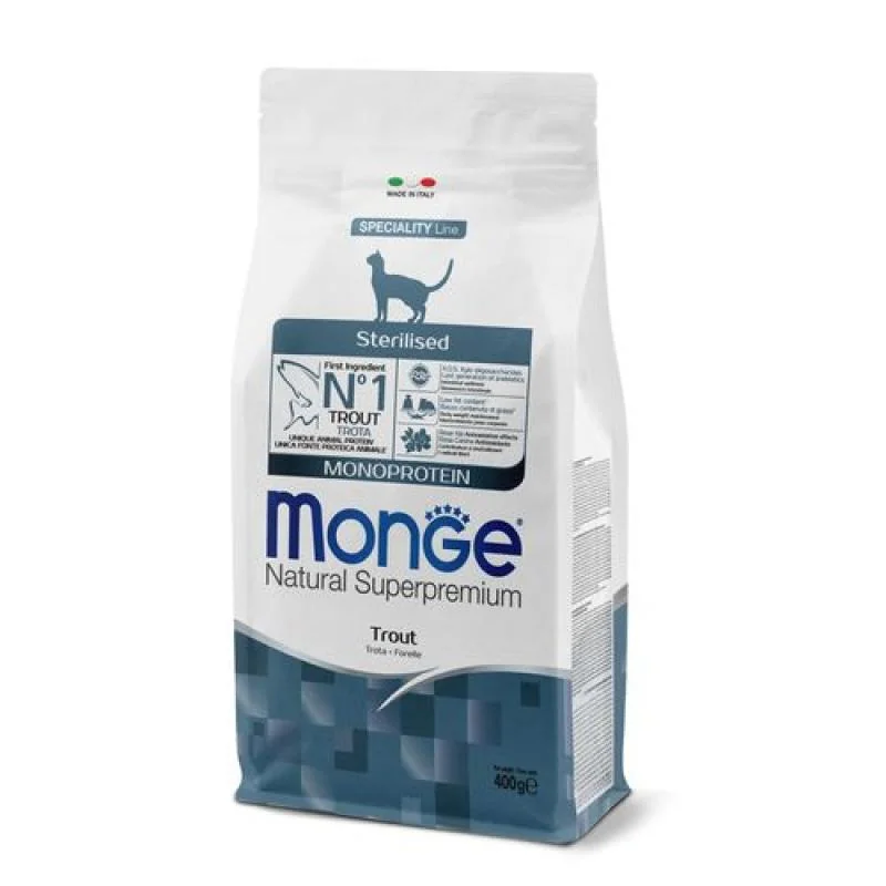 MONGE Natural Superpremium Sterilised 400g monoproteínové krmivo so pstruhom pre sterilizované mačky